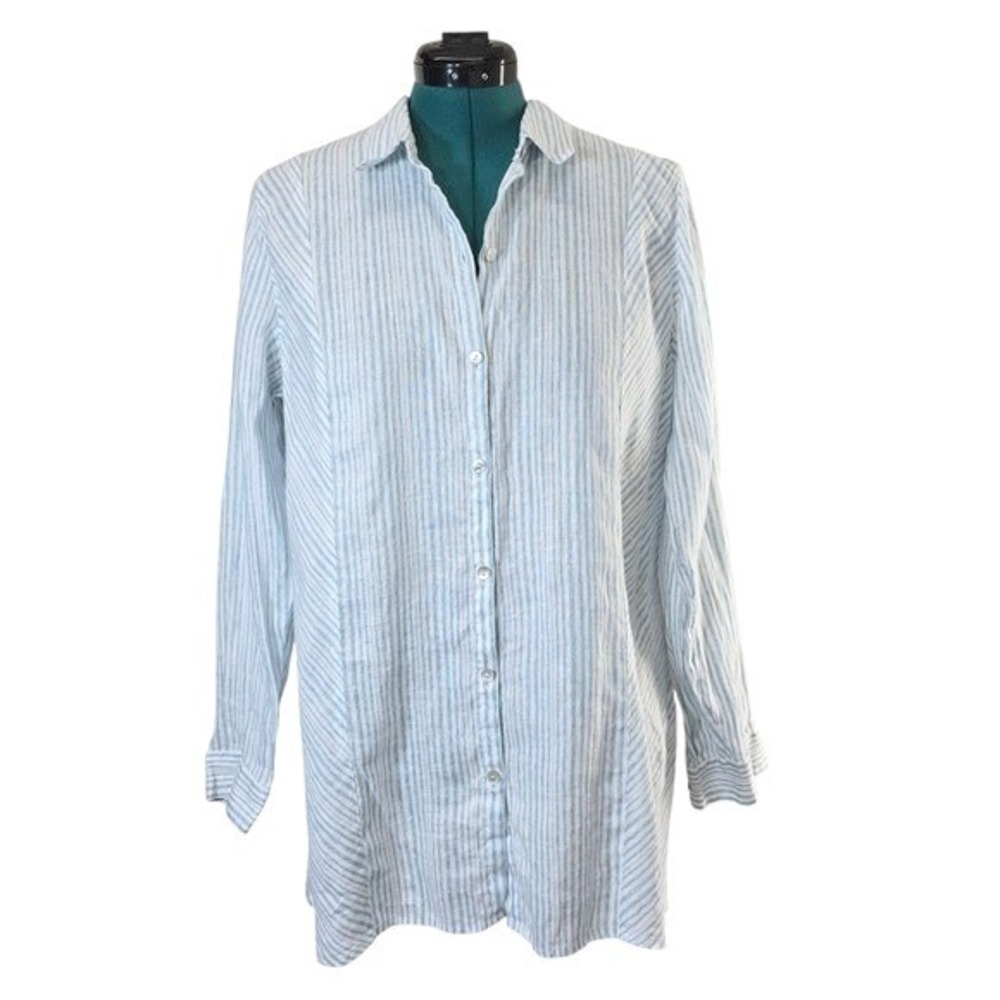 J. Jill Love Linen Shirt Womens Large Blue White Striped Long Sleeve Tunic Boho